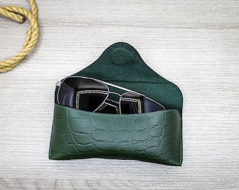 Kroko-Muster Leder Grün Brillenbeutel, Schutzbrillenhalter, Minimalistische Leder-Sonnenbrillenhülle