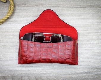 Estuche para gafas personalizado, funda de cuero rojo para gafas de sol, estuche para gafas con estampado de cocodrilo