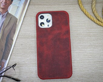 Crazy Horse Leather Case, Red Phone Case, iPhone 15, 14, 13, 12, 11 Pro Max Case, Protective Slim Back Phone Cover, Personalization Case