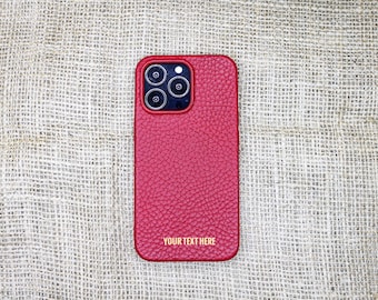 Personalized Red Phone case, Luxury Genuine Leather Cover  , iPhone 14, 13, 12, 11 Pro Max / Plus Case, Snap On Full Cover