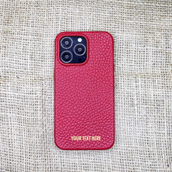 Personalized Red Phone case, Luxury Genuine Leather Cover  , iPhone 14, 13, 12, 11 Pro Max / Plus Case, Snap On Full Cover