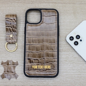 Custom Croco Pattern Walnut Luxury iPhone Case, iPhone 15, 14, 13, 12, 11 Pro, Max, Plus Case, Leather Phone Case For Boyfriend