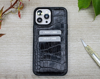 Croco Pattern Leather Phone Case, Black Cell Phone Case, iPhone 14, 13, 12, 11 Pro Max Case, Mini Case with Credit Card Holder
