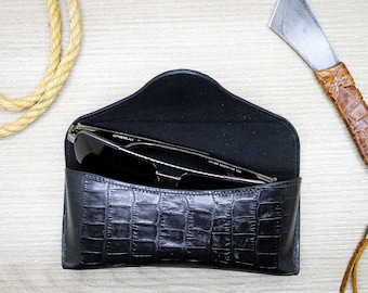 Porte-lunettes en cuir noir à motif croco personnalisé, pochette de lunettes de soleil de luxe, étui à lunettes souple