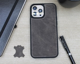 Leather Phone Case, Gray Color Cover, iPhone 15, 14,13, 12, 11 Pro Max Case, Custom Engraved Leather Cell Phone Case, Luxury Leather Phone