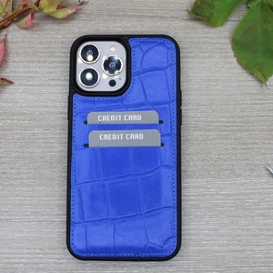 Blue Croco Pattern Genuine Leather iPhone Case, iPhone 14, 13, 12, 11 Pro Max Case, Phone Wallet Case, Snap On Full Cover Credit Card Case