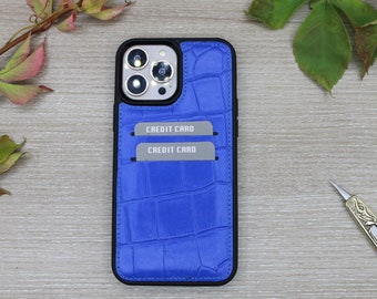 Blue Croco Pattern Genuine Leather iPhone Case, iPhone 14, 13, 12, 11 Pro Max Case, Phone Wallet Case, Snap On Full Cover Credit Card Case