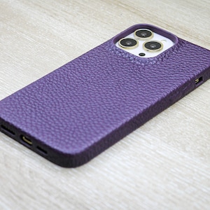 Genuine Leather Phone Cover, Purple iPhone case, iPhone 14, 13, 12, 11 Pro Max / Plus Case, Personalized Phone Cover, Snap On Full Cover