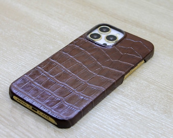 Personalized  Croco Pattern Brown Leather Phone Cover, iPhone 15, 14, 13, 12, 11 Pro Max / Plus Case,   Phone Case For Valentine&#39;s Day