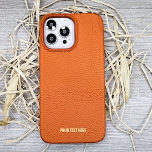 Custodia per cellulare in pelle arancione con incisione personalizzata, custodia per iPhone 14, 13, 12, 11 Pro Max / Plus, custodia in pelle di lusso, regalo di San Valentino