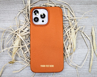 Custom Engraved Orange Leather Cell Phone Case, iPhone 14, 13, 12, 11 Pro Max / Plus  Case,  Luxury Leather Cover,  Valentine's Day Gift