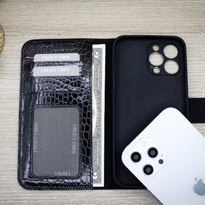 Funda de teléfono con cartera de cuero con patrón Crocco, funda para teléfono con tarjeta de crédito negra, funda para iPhone 14, 13, 12, 11 Pro Max, funda para teléfono con soporte para billetes
