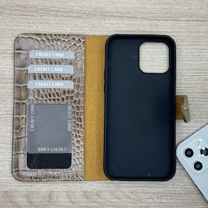 Étui personnalisé en cuir marron à motif croco, étui porte-cartes de crédit, étui pour iPhone 14, 13, 12, 11 Pro Max & Plus, coque complète à clipser