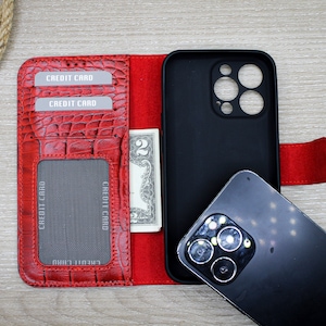 Caja del teléfono de la cartera del cuero del patrón croco, caja del teléfono de la tarjeta de crédito roja, caja del iPhone 14, 13, 12, 11 Pro Max, caja del teléfono del titular del billete