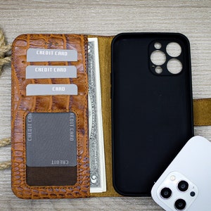 Étui portefeuille fentes pour cartes et pochette pour carte de crédit pour iPhone, coque de téléphone Croco Pattern Tan