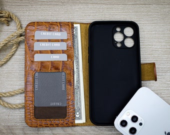 Wallet Case Card Slots & Cash Pocket iPhone Credit Card Phone Case, Croco Pattern Tan Phone Cover, iPhone 14, 13, 12, 11 Pro Max Case