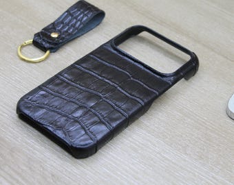 Croco Pattern Black Leather Phone Case , iPhone 17, 16, 15, 14, 13, 12, 11 Pro Max / Air Plus Case