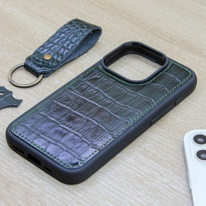Custom Dark Green Croco Pattern Luxury iPhone Case, iPhone 15, 14, 13, 12, 11 Pro, Max, Plus Case, Leather Phone Case Gift For Her & Him