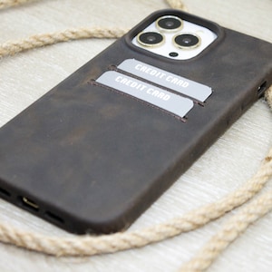 bruin volnerf echt lederen telefoonhoesje, iPhone 14, 13, 12, 11 Pro Max-hoesje, gepersonaliseerde creditcardhoes, snap-on volledige cover