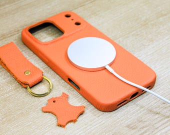 Custom MagSafe Orange Leather Phone Case, iPhone 18,17, 16, 15, 14, 13, 12, 11 Pro Max Case Air Plus