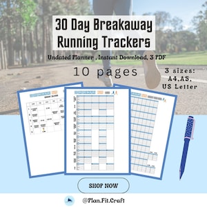 Puede incluir: Planificador de 30 días Breakaway Running Trackers imprimible en tres tamaños: A4, A5 y US Letter. El planificador tiene 10 páginas y está disponible para descarga instantánea. La imagen muestra a una persona corriendo por un camino con árboles en el fondo.