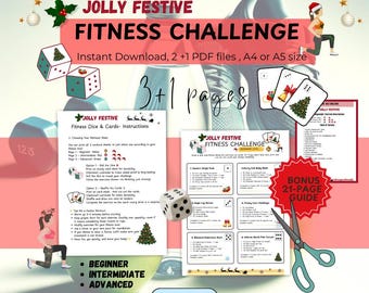 Sfida fitness natalizia / Allenamento con dadi stampabile + gioco di carte / Da principiante ad avanzato / Guida agli esercizi bonus