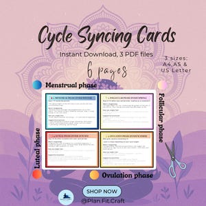 以下が含まれることがあります： 月経、卵胞、黄体、排卵の各段階について説明する、紫と白の「Cycle Syncing Cards」のセット。A4、A5、USレターサイズで利用可能。画像には「インスタントダウンロード、3つのPDFファイル、6ページ」というテキストが含まれています。