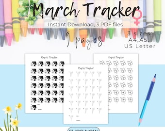 March Coloring Trackers: Clover, Daffodil & Women's Day Habit, Mood, Fitness (PDF Download)