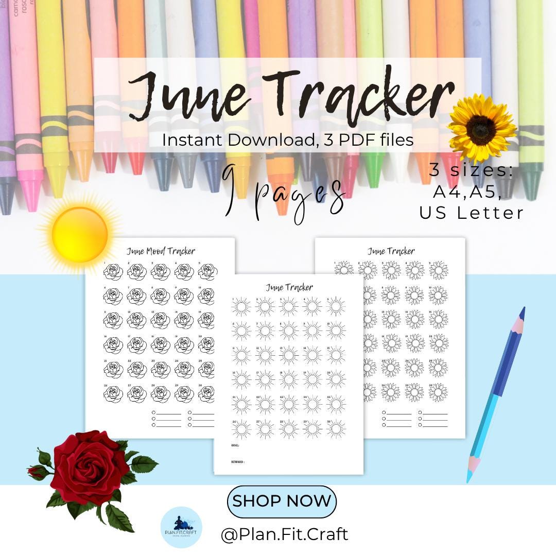 June Habit Trackers- Sun, Rose, Sunflower Mood Fitness Coloring Planner ...