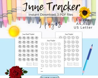 June Habit Trackers- Sun, Rose, Sunflower Mood Fitness Coloring Planner PDF (Instant Download)