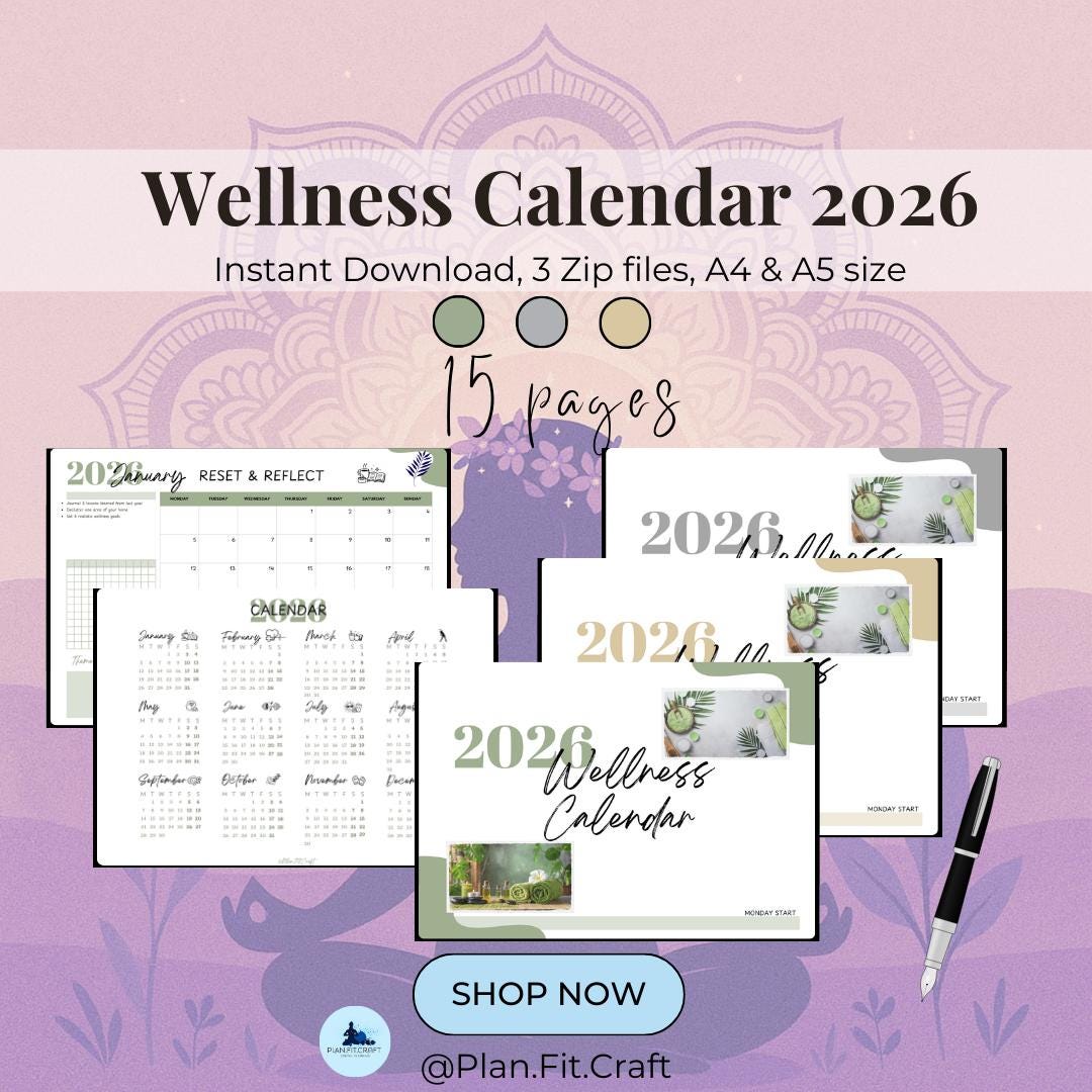 Wellness Calendar 2026 | Printable Monthly Planner Monday/sunday Start ...