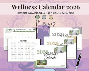Calendrier bien-être 2026 | Agenda mensuel imprimable à partir du lundi/dimanche |  Thèmes et tâches liés aux soins personnels