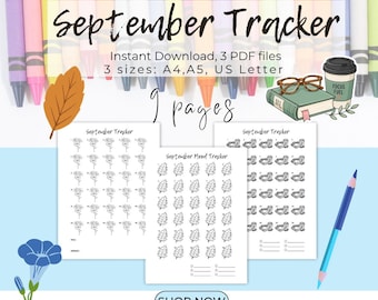 September Autumn Tracker Coloring Pages Bundle: Mood, Exercise, and Habit Tracker