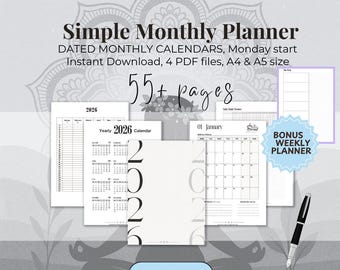 Minimal 2026 Monthly Wellness Planner Printable Monday Start