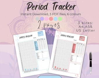 Suivi des règles annuelles - calendrier des menstruations minimales - téléchargement numérique instantané en plusieurs couleurs et tailles,