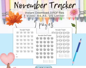 Pacchetto di pagine da colorare per il monitoraggio dell'autunno di novembre: monitoraggio dell'umore, dell'esercizio fisico e delle abitudini