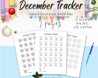December Tracker Coloring Pages Bundle: Mood, Exercise, and Habit Tracker (including Christmas theme)