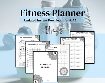 Undated Minimal Fitness Planner: Coloring Friendly Mandala Design, A4 A5 (PDF Download)