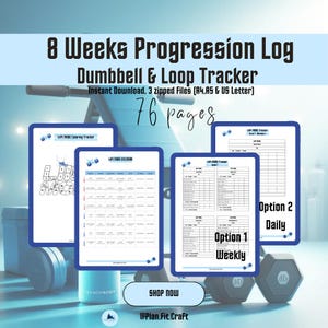 Op de afbeelding: Digitale 8 weken progressielogboek voor dumbbell- en loop-workouts. Bevat 3 gezipt bestanden met A4, A5 en US Letter formaten. Beschikt over een kleurtracker, kalender en wekelijkse/dagelijkse opties. Totaal 76 pagina's. Shop nu.