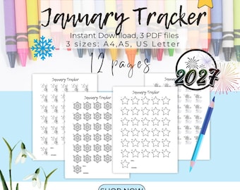 January 2027 Coloring Tracker Bundle: Snowdrop, Snowflake,Star,Fireworks - Habit, Mood, Exercise - Printable PDF