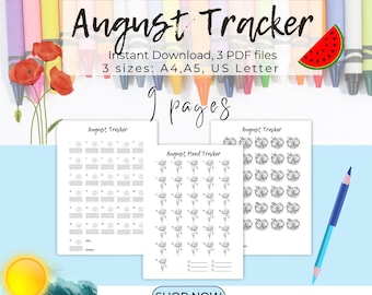 August Tracker Coloring Pages Bundle: Mood, Exercise, and Habit Tracker
