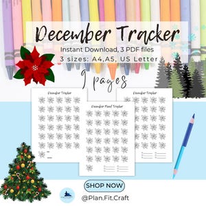 Paquete de páginas para colorear de seguimiento de diciembre: seguimiento del estado de ánimo, ejercicio y hábitos (con temática navideña)