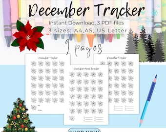 Pacchetto di pagine da colorare per il mese di dicembre: monitoraggio dell'umore, dell'esercizio fisico e delle abitudini (incluso il tema natalizio)