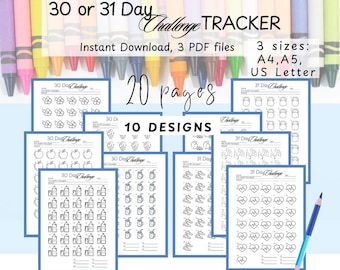 Coloring Challenge Tracker Bundle: Habit, Mood, Fitness (Printable PDF A4/A5/US Letter Size)
