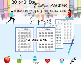 Tracker per la sfida di colorazione di 30 e 31 giorni: abitudini, umore, forma fisica, cura di sé e altro ancora (PDF stampabile in formato A4/A5/US Letter)