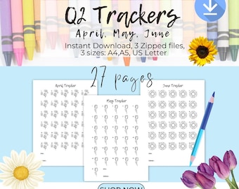 Q2 Habit Tracker Bundle | April May June 27 Coloring Pages -9 Designs (Instant Download)