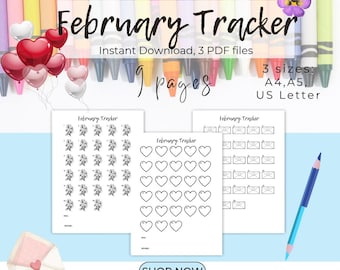 February Habit Trackers - Heart, Violet, Envelope Coloring Planner PDF (Instant Download)