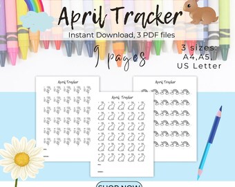 April Coloring Trackers – Mood, Habit Fitness Tracker | Bunny, Daisy & Rainbow PDF (Instant Download)