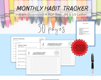 Tracker delle abitudini Mandala stampabile / Agenda orizzontale di 15 pagine in PDF / 12 mesi + anno bisestile / Visione e riflessione mensili / Formato A4 US Letter