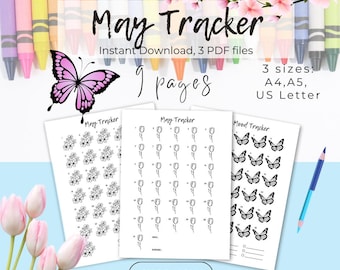 May Coloring Trackers – Spring Tulip, Cherry Blossom, Butterfly Mood Fitness Coloring Planner PDF (Instant Download)
